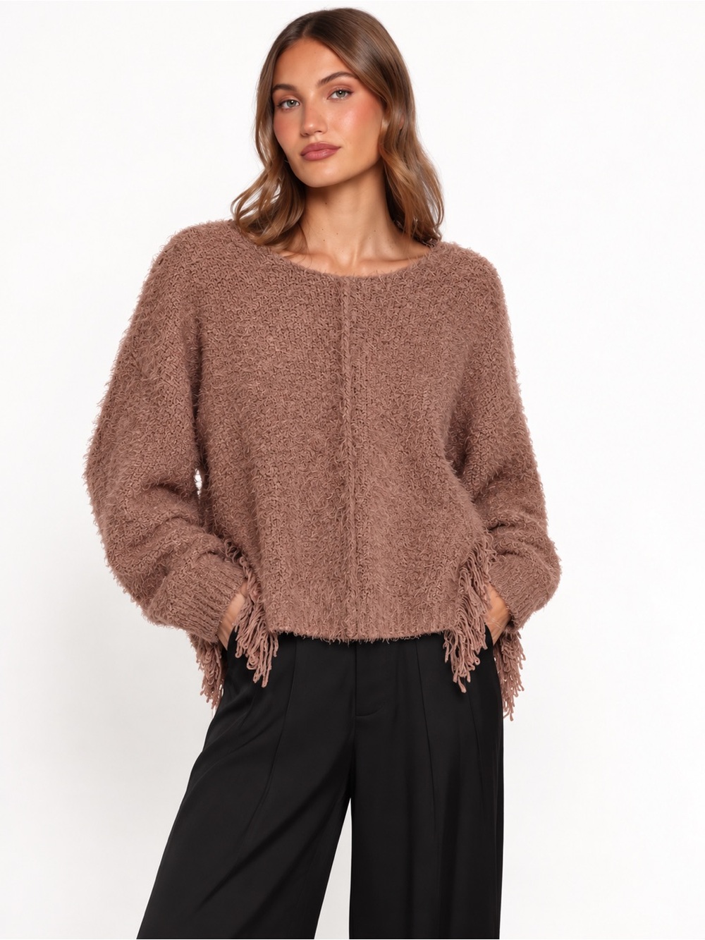 Hem & Thread Fuzzy Fringe-Trim Scoop Neck Sweater - Taupe